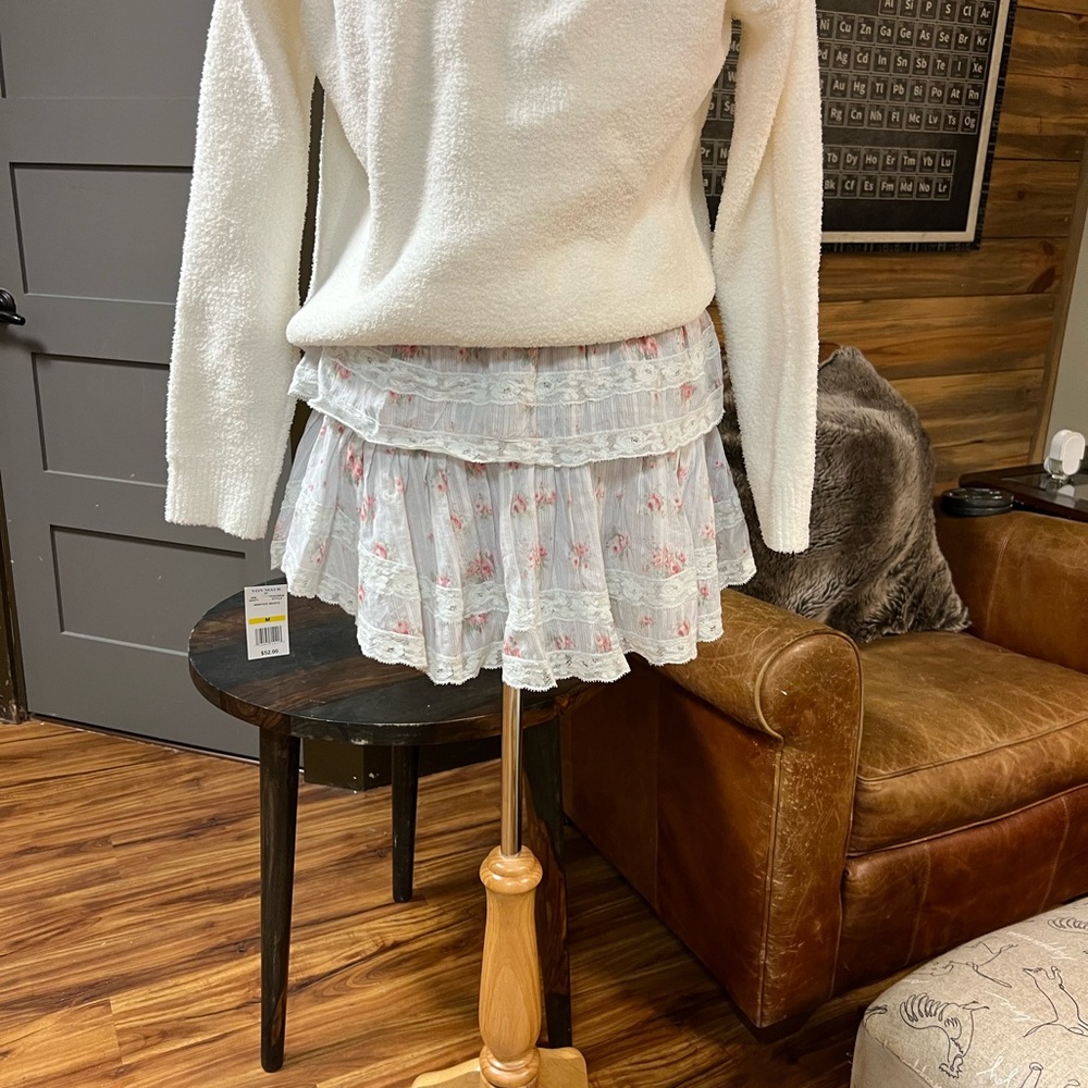 LoveShackFancy White and Pink Floral Mini Skirt